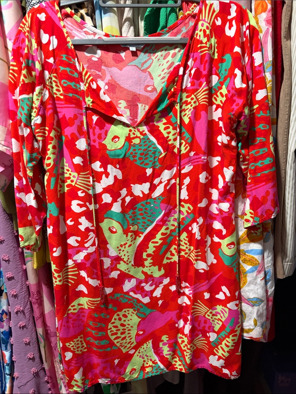 escapada Coral Red Tropical Print Top with Green Accents